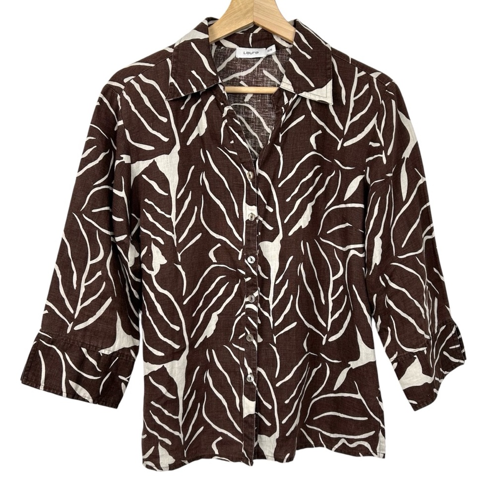 LAURA 100% Linen Brown and Cream Button Down Shirt, Medium